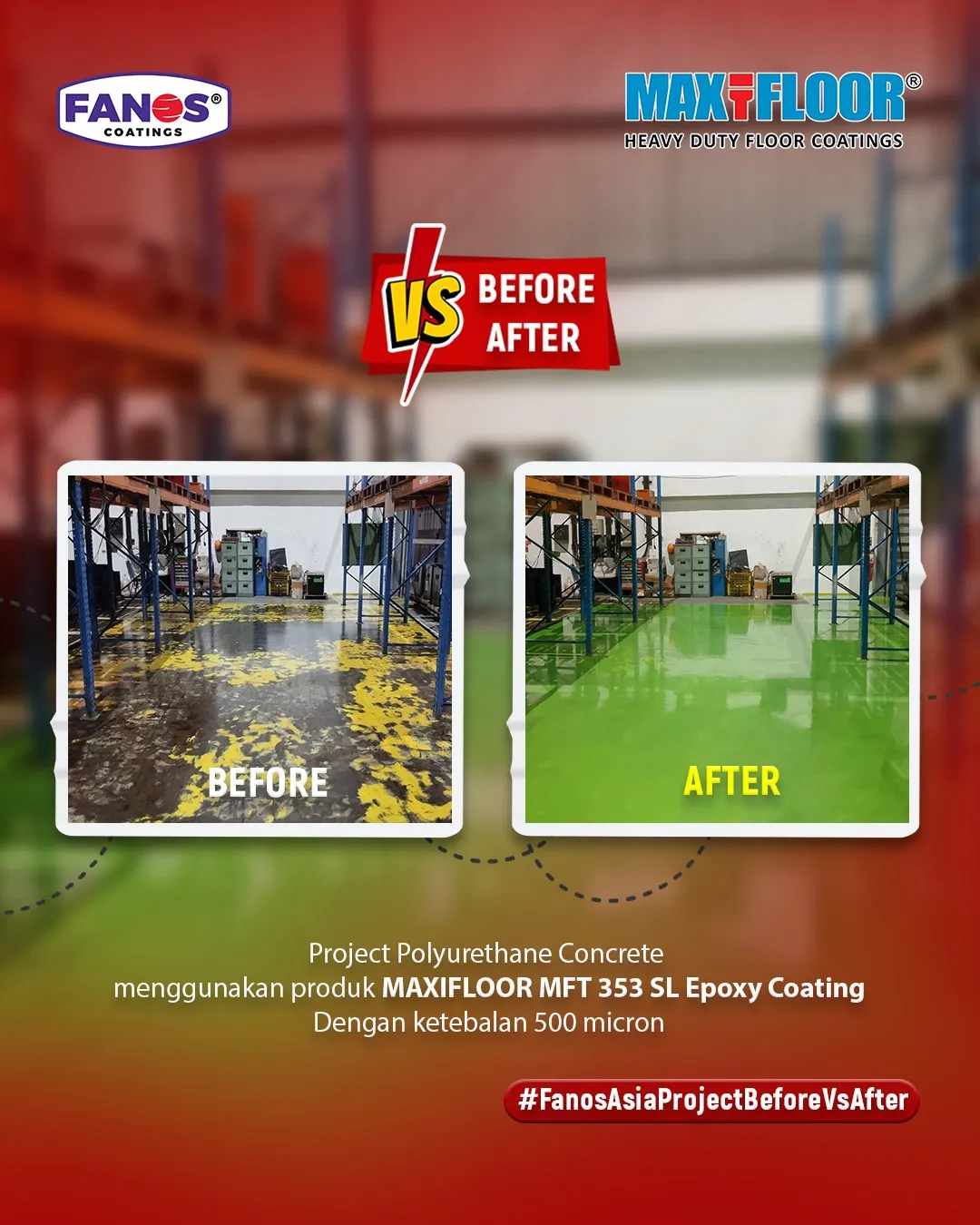 Lantai beton gudang sebelum dan sesudah aplikasi pelapis epoxy lantai yang mengkilap dan bebas debu.
