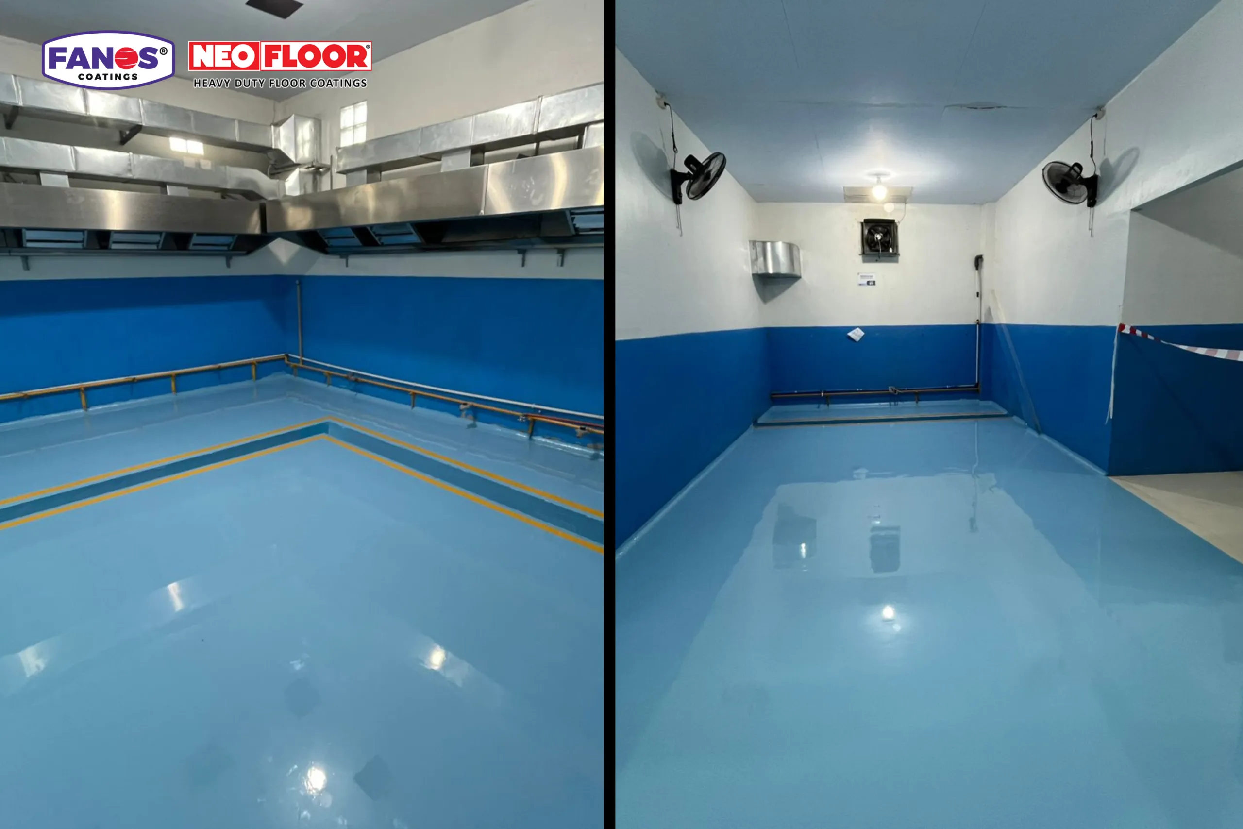 Lantai dapur sentral MBG menggunakan Fanos Coatings yang tahan beban berat peralatan industri dan troli distribusi.
