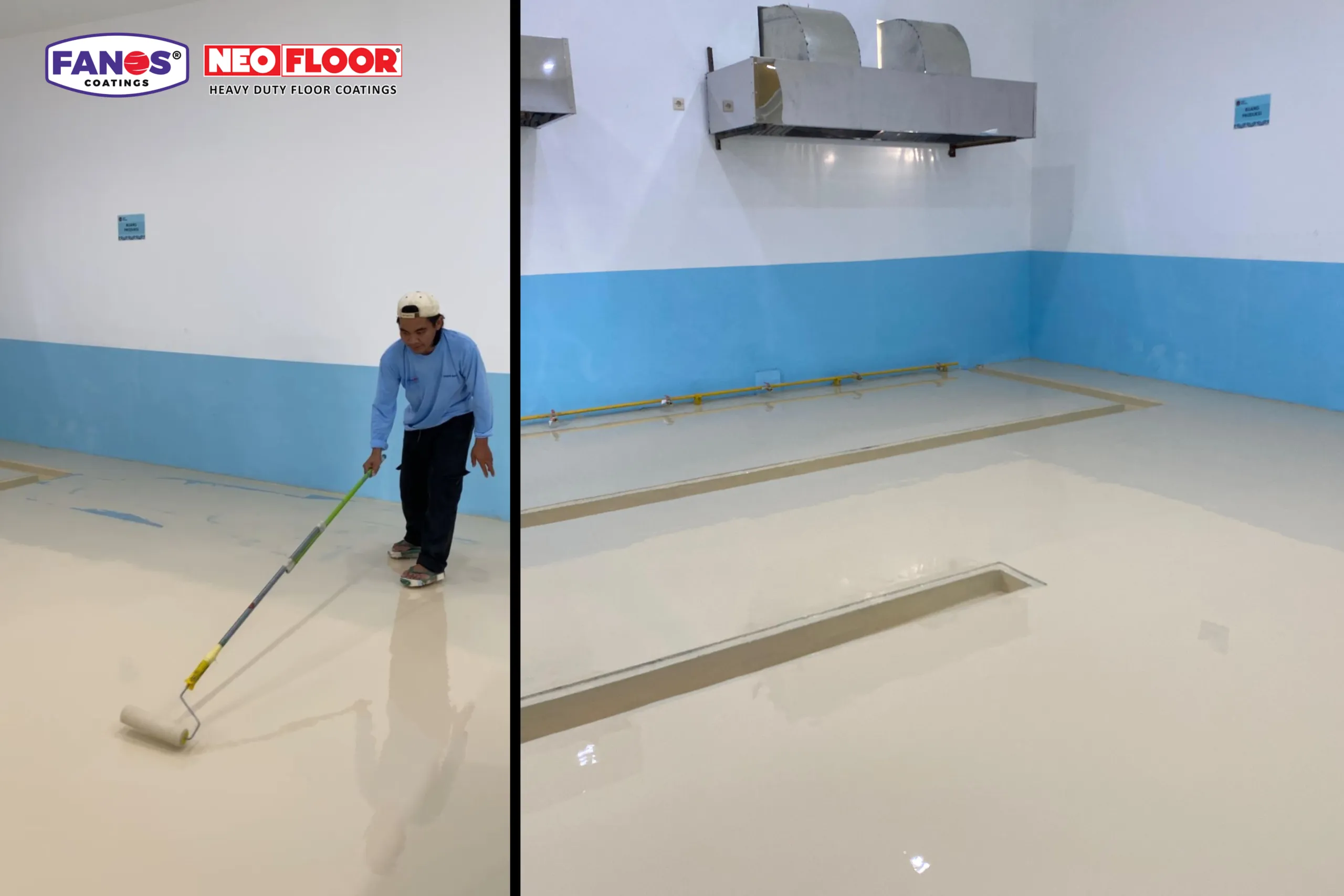 Aplikasi epoxy lantai oleh aplikator Aa Kuli Epoxy menggunakan material Fanos Coatings warna cream di area dapur MBG yang seamless.