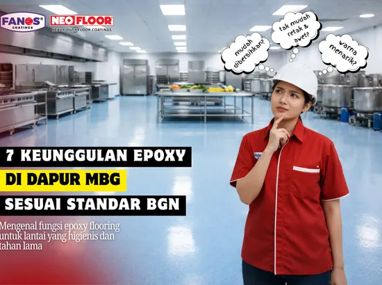Keunggulan epoxy dapur MBG yang seamless dan anti-slip sesuai standar Badan Gizi Nasional untuk menjaga higienitas dapur sentral.