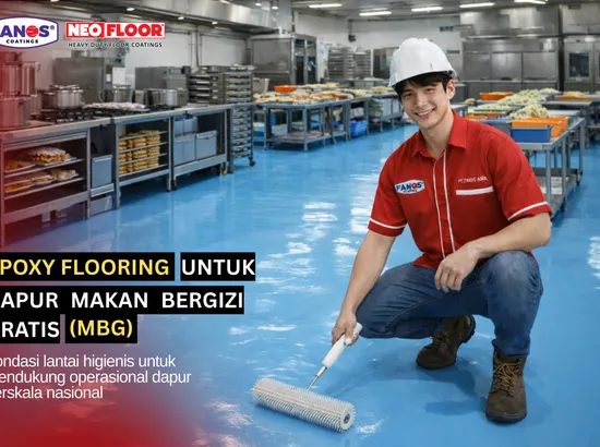 Aplikasi epoxy lantai warna sky blue tanpa sambungan di dapur sentral Makan Bergizi Gratis (MBG) yang sesuai standar Badan Gizi Nasional untuk menjaga higienitas dan mencegah kontaminasi bakteri ke makanan.