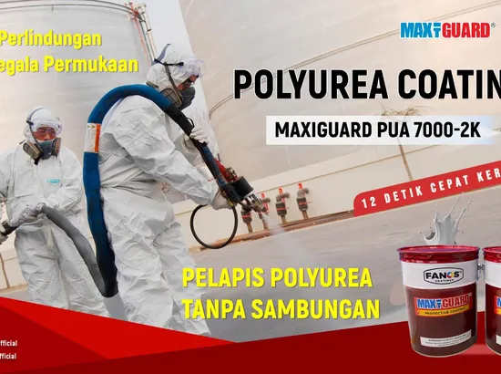Proses aplikasi spray polyurea coatings pada permukaan beton untuk waterproofing.
